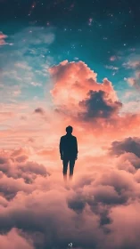 Dreamer Standing Softly Among Sunset Clouds and Stars.