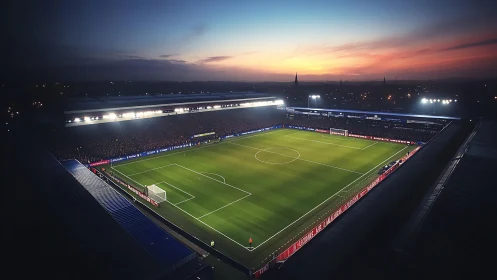 Floodlit football cathedral glowing under a painted dusk sky.