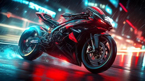 Neon night superbike pausing in rain soaked city glow.