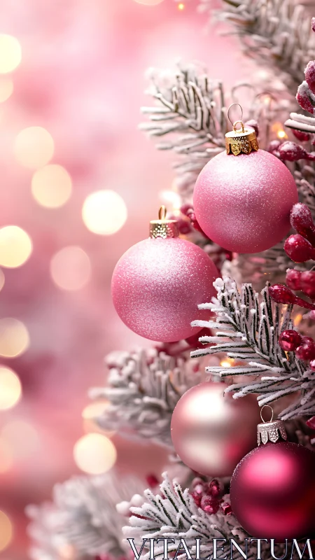 Macro study of frosted pink ornaments on snow-dusted fir.