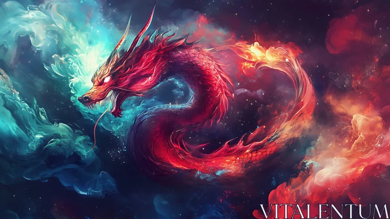 Cosmic fire dragon swirling through glowing nebula clouds.