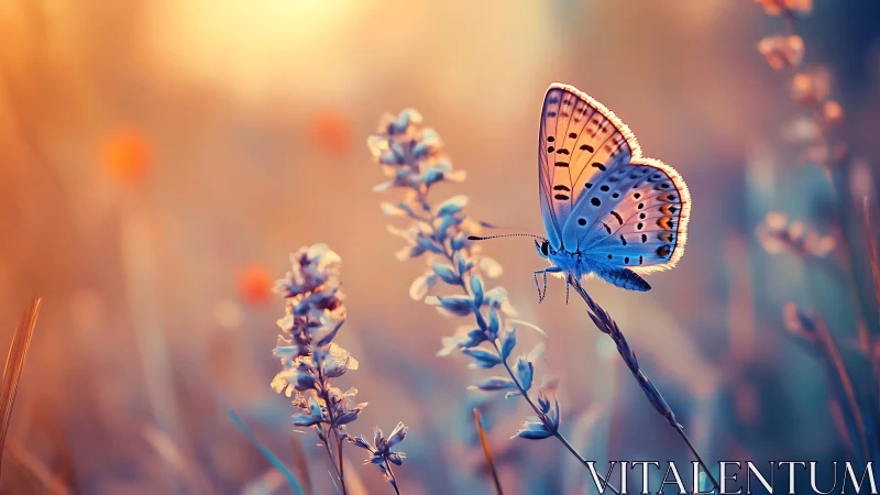 Butterfly resting on wildflower in soft sunset backlight.