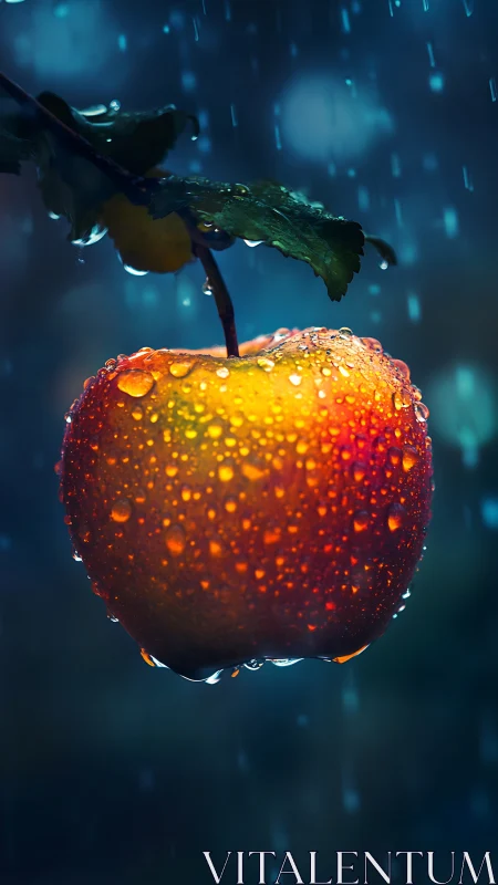 Macro study of rain-soaked apple with bokeh-lit background glow