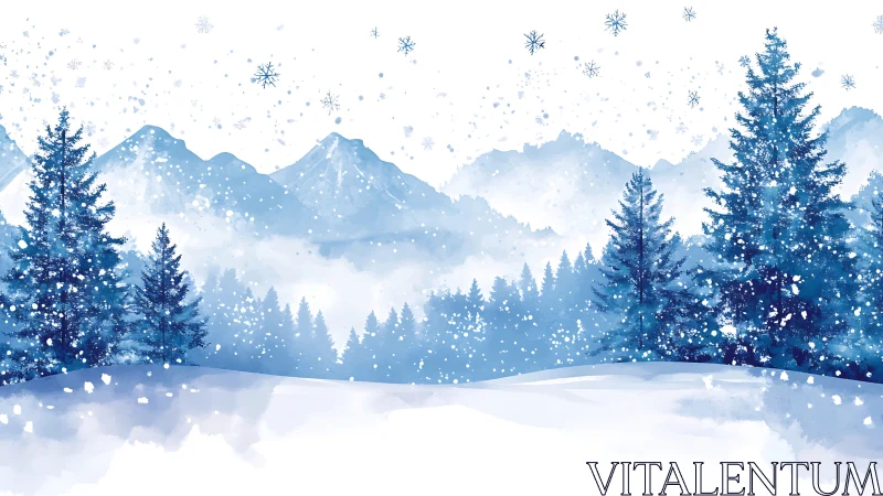 Atmospheric winter conifer forest with layered alpine ranges.