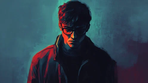 Moody male portrait uses split complementary neon lighting for depth