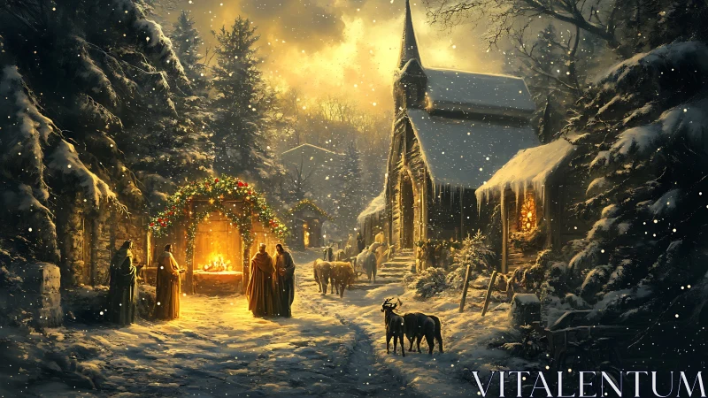 Midwinter chapel glows while villagers gather in lantern snow