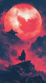 Silhouetted figure before oversized red moon over cliffs.