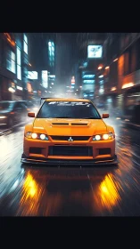 Orange Mitsubishi street racer cuts through wet neon city