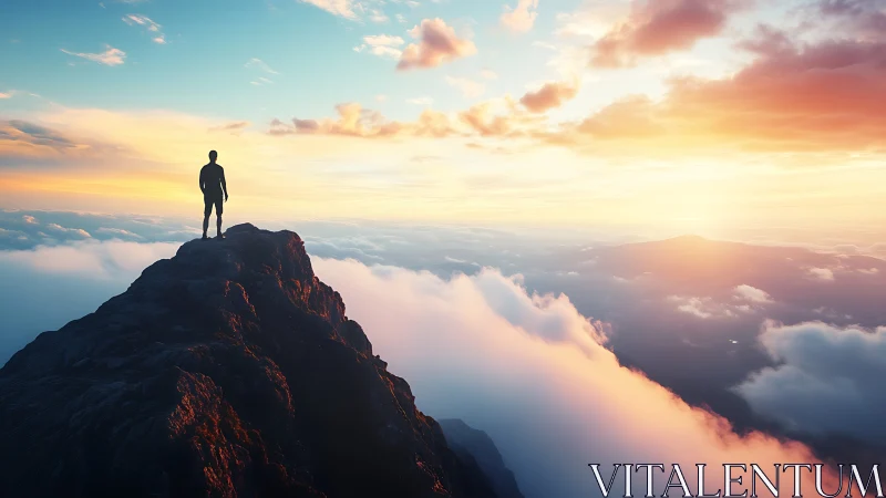 Lone hiker stands above clouds on sunlit mountain summit.