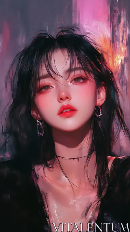 Digital portrait of moody woman in neon backlight glow.