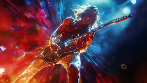 Dynamic photorealistic rock guitarist in radial light burst.