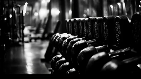 Dumbbells line metal rack in dimly lit reflective gym interior
