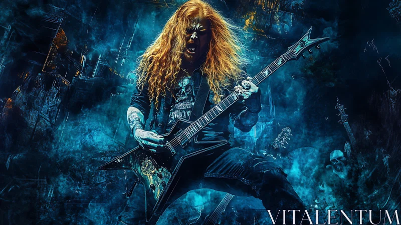 High-contrast metal guitarist in blue spectral smoke with angular guitar
