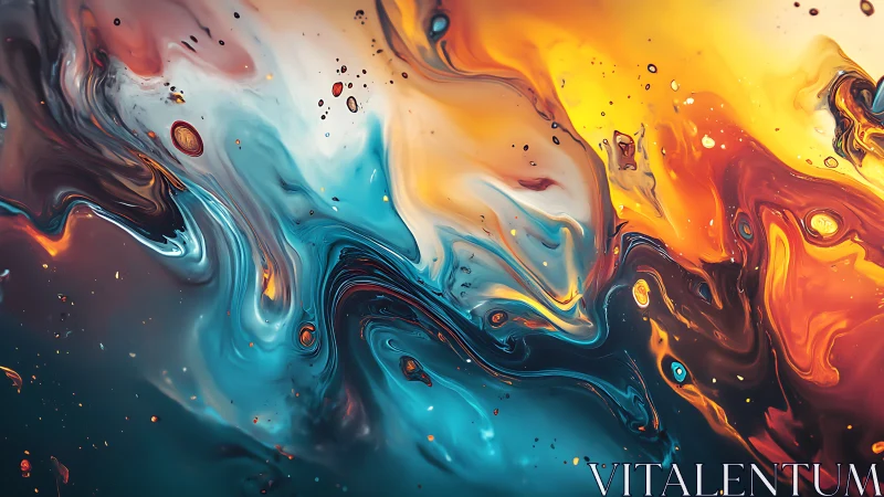 Chromatic fluid vortex with teal, amber and coral flows.