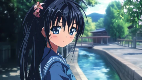 Schoolgirl with ponytail by riverside path in summer light.