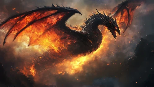 Inferno-winged dragon carves molten arcs through stormfire sky