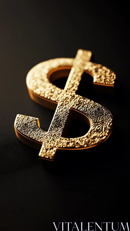 Gold dollar symbol lies on dark surface under side lighting