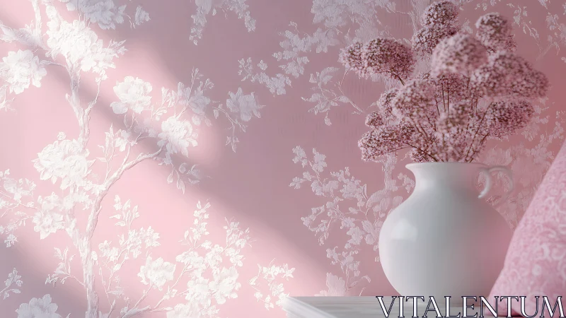 Soft pink florals and a cozy white vase in gentle sunlight.