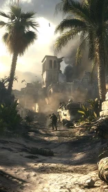 Armored infantry advancing through sunlit urban warzone ruins