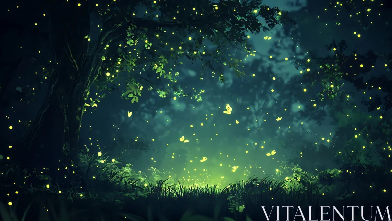 Luminescent Forest Reverie: Where Fireflies Dance Through Enchanted Dusk.
