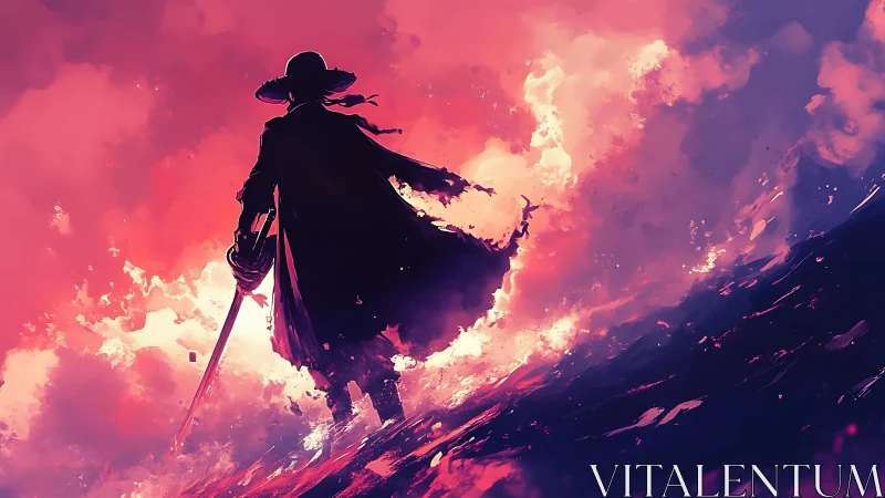 Storm-walking swordsman strides through molten sunset surf.