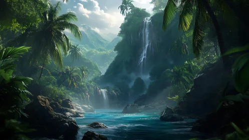 Lush tropical waterfall canyon with turquoise jungle pool.