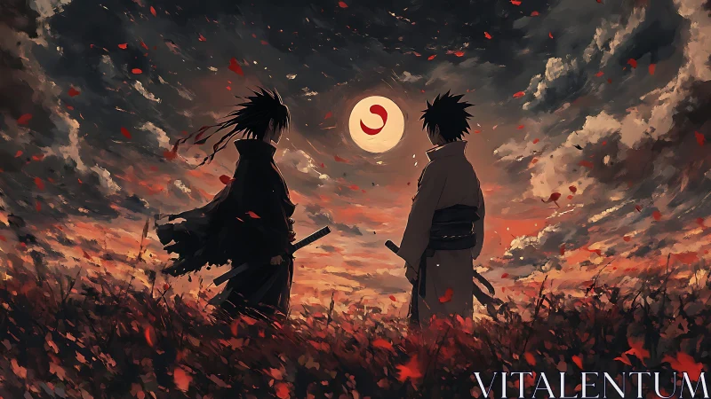 Dueling silhouettes beneath a crimson omen moon at dusk.