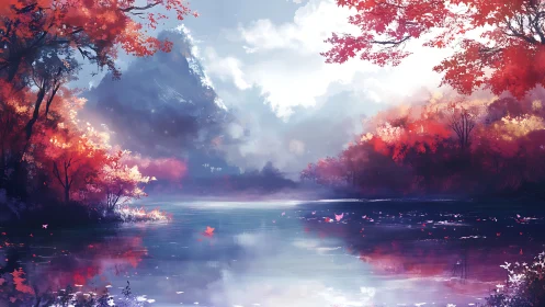 Autumn forest lake under bright clouds and distant mountain.