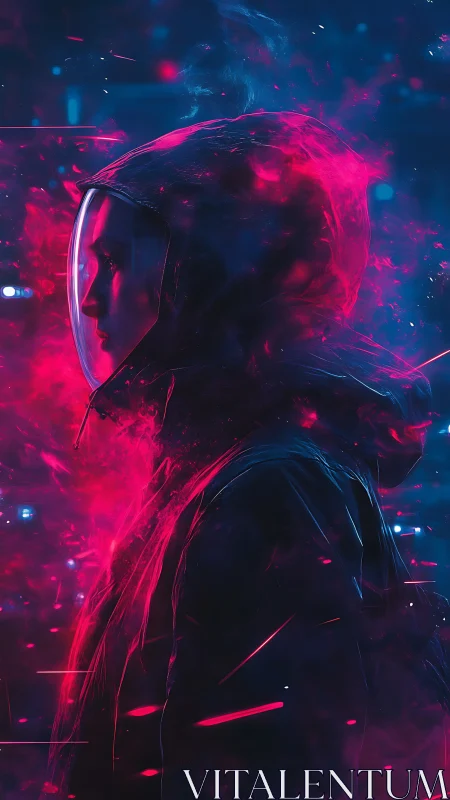 Side-profile hooded figure in neon pink and blue haze.