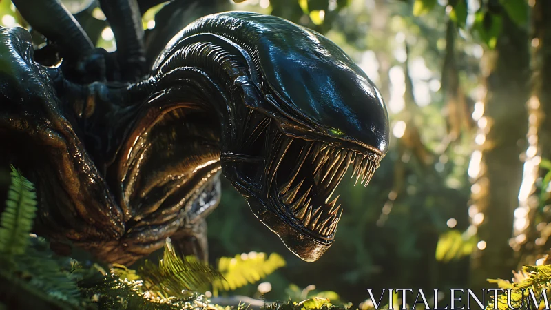 Alien creature bares gleaming teeth in a sunlit jungle world