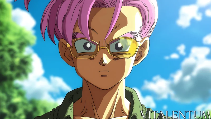 Pink haired anime character with glasses outdoors in daylight.