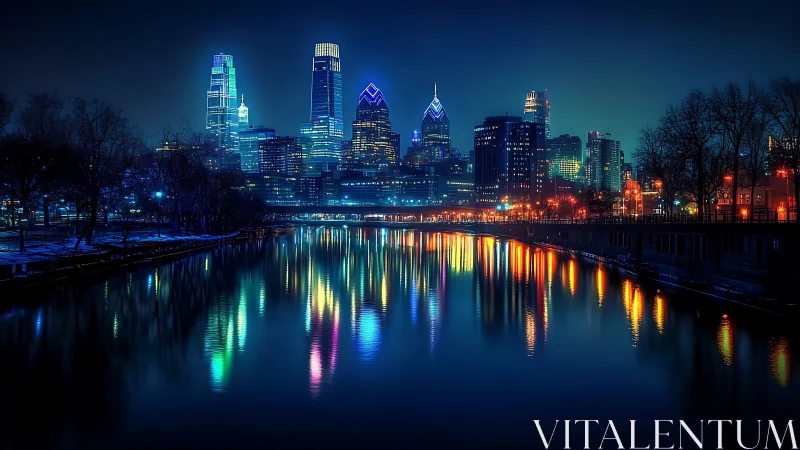 Neon city skyline reflected in calm river at night.