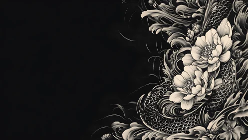Monochrome koi and peony tattoo motif curves through darkness