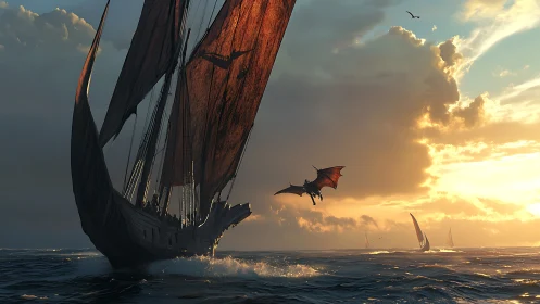 Sunlit dragon ship under dynamic clouds and wind-driven sails