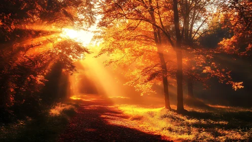 Golden morning light warming a quiet autumn forest path.