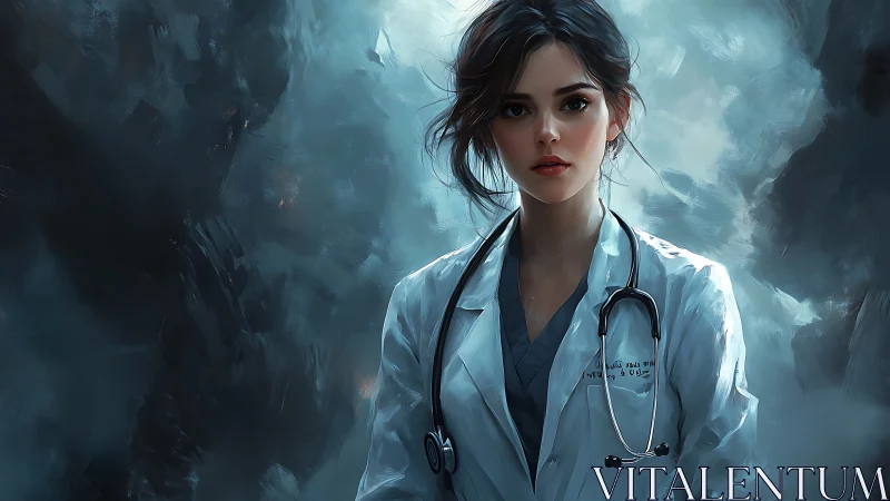 Elegant digital portrait of female doctor in teal haze.