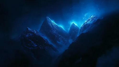 Luminescent alpine peaks emerge from a deep cerulean void
