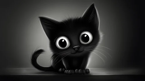 Stylized Black Kitten with Oversized Luminous Eyes.