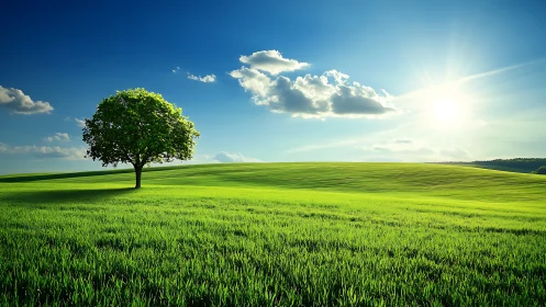 Solitary tree on luminous green hillside under clear sky.