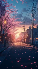 Cherry tree lined urban street is shown at sunset