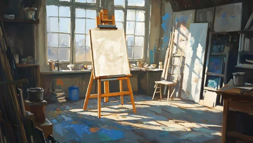 Sunlit artist studio interior with central empty easel focus.