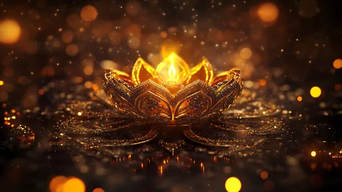 Golden lotus candle glows softly in a field of warm light.