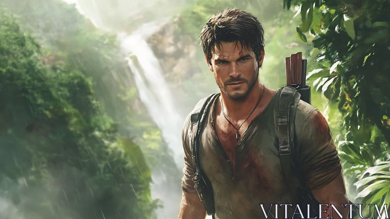 Rain-soaked jungle explorer pausing between wild cascades.