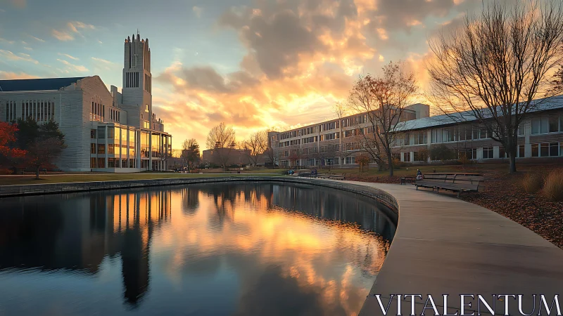 Modern collegiate campus lakefront at dramatic sunset reflection