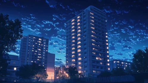 Midnight windows trade quiet stories above the blue city