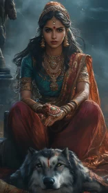 Regal warrior woman with loyal wolf guardian in mist.