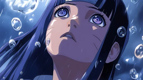 Anime kunoichi gazes upward through luminous falling rain.