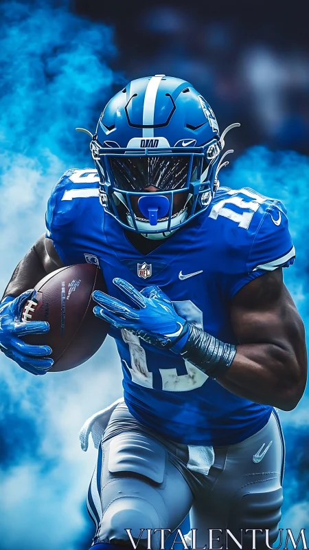 Dynamic football running back in blue uniform bursts forward