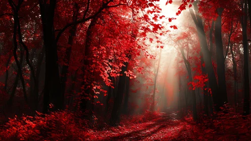 Crimson woodland tunnel glows where autumn's blaze consumes the path