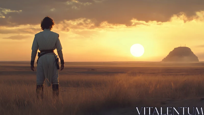 Solitary robed figure facing distant fortress at sunset.